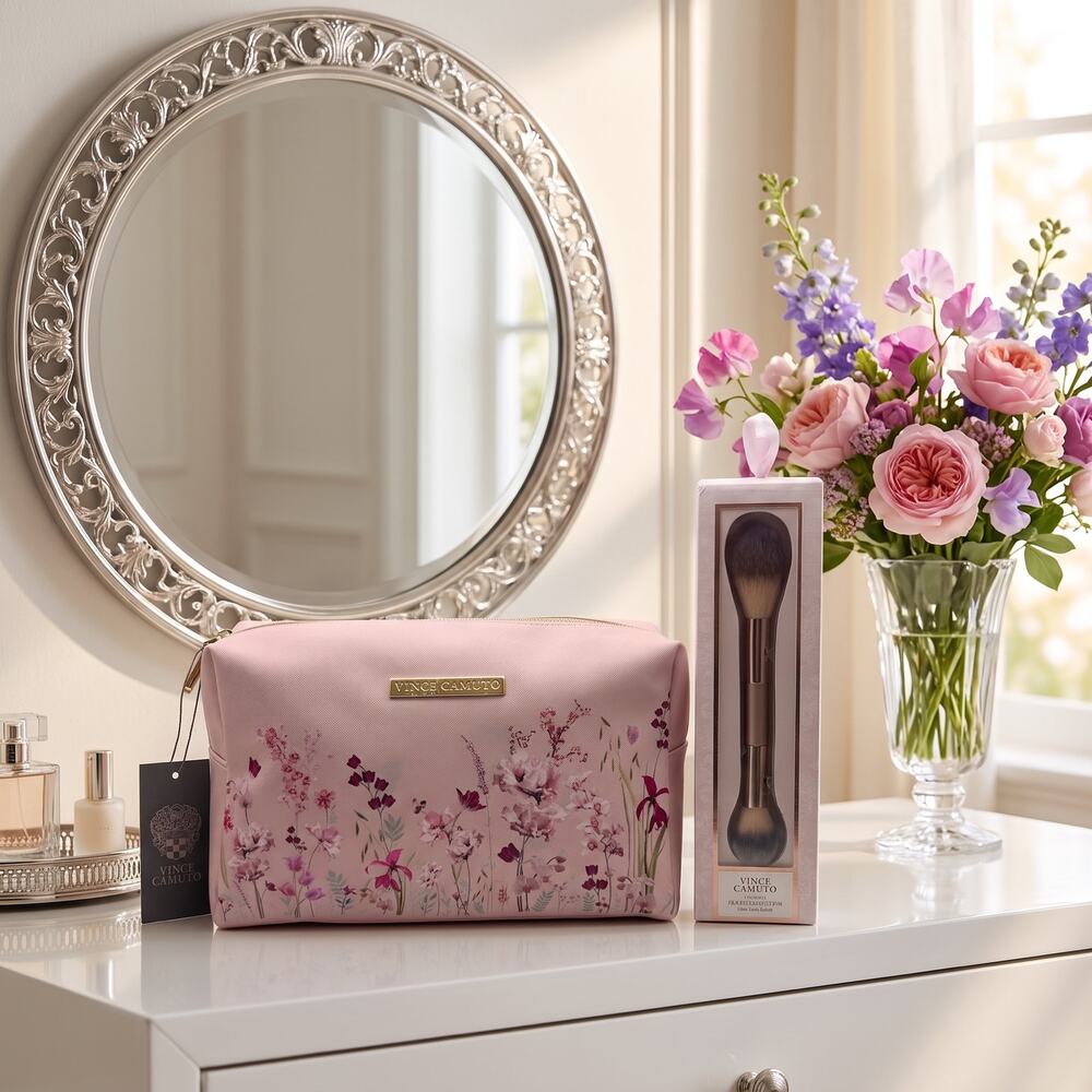 Vince Camuto Pink Floral Cosmetic Bag + Duo Face Brush Set NWT